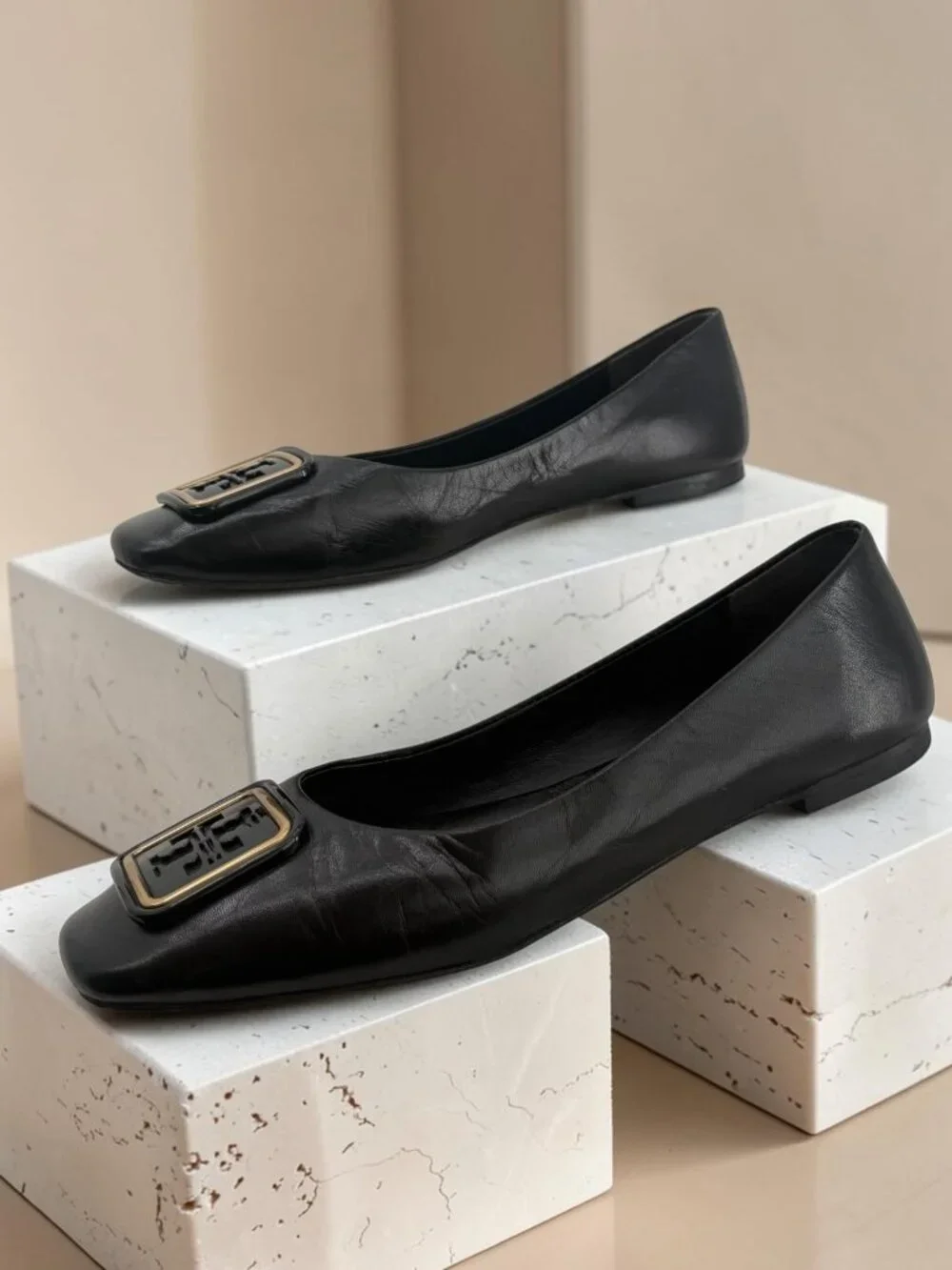 Tory Burch Black Leather Square Logo Plating Ballerina Flats 9